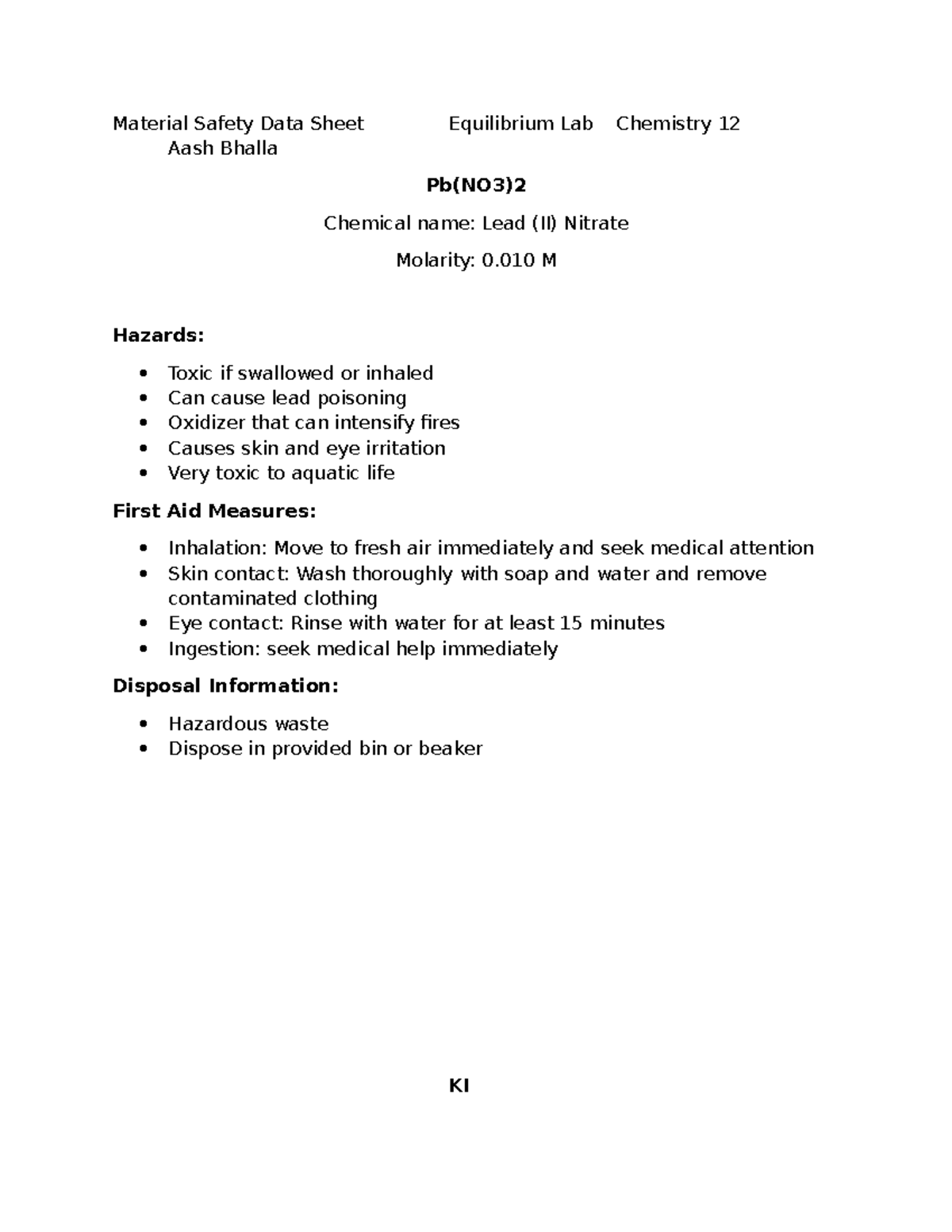 Material Safety Data Sheet for Chemistry 12 Equilibrium Lab - Studocu