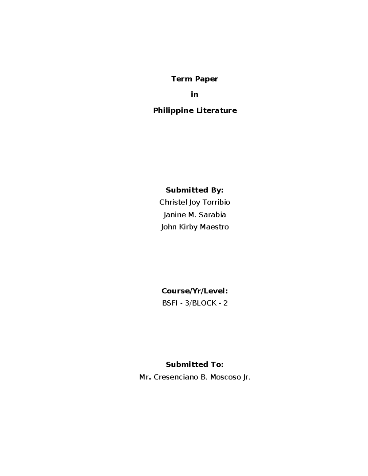 Term Paper: Philippine Literature Insights - BSFI 2 - Studocu