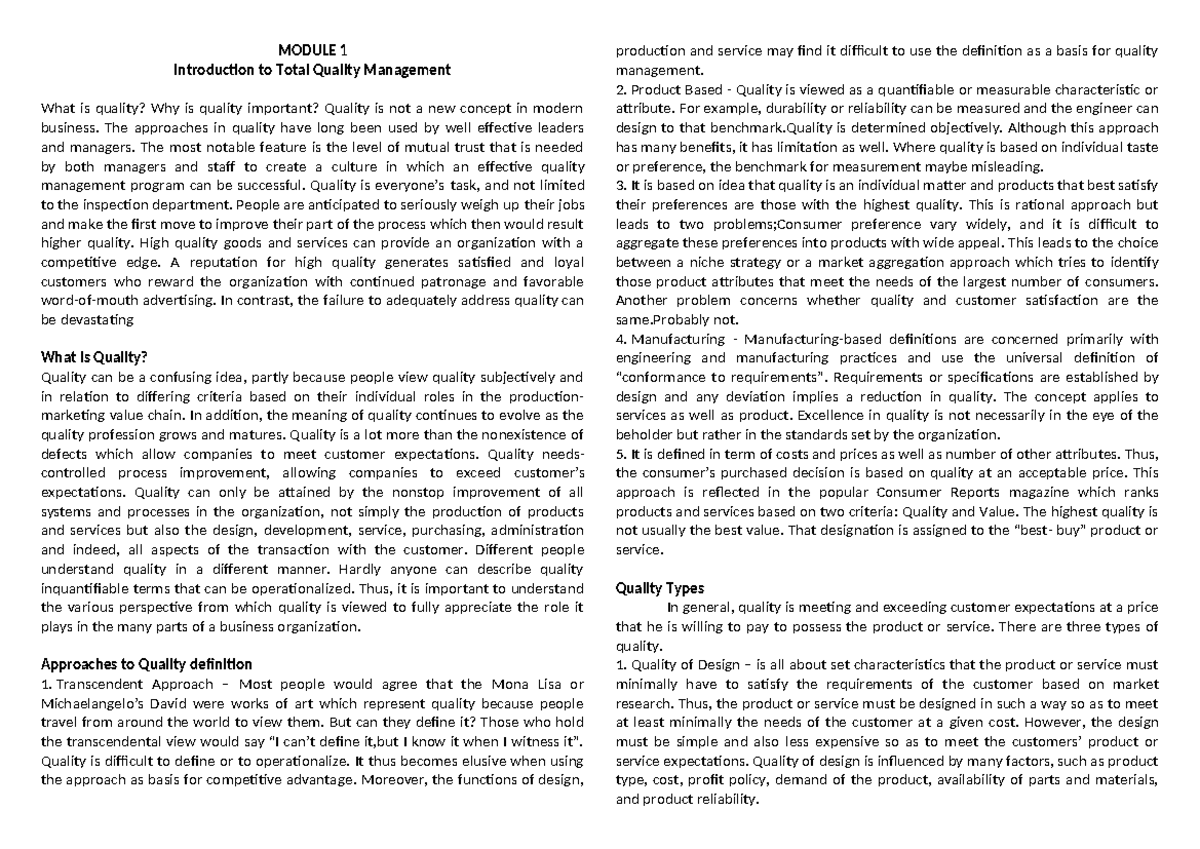 Tqm-module-1 - Module 1 of Total Quality management in first semester ...