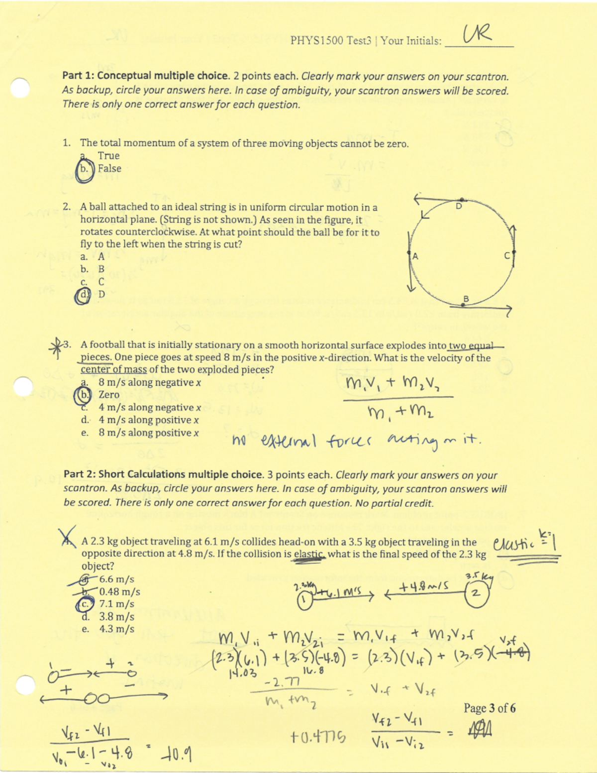 PHYS 1500 Exam 3 - Lecture notes 1 - PHYS1500 Test3 Your Initials: UR ...