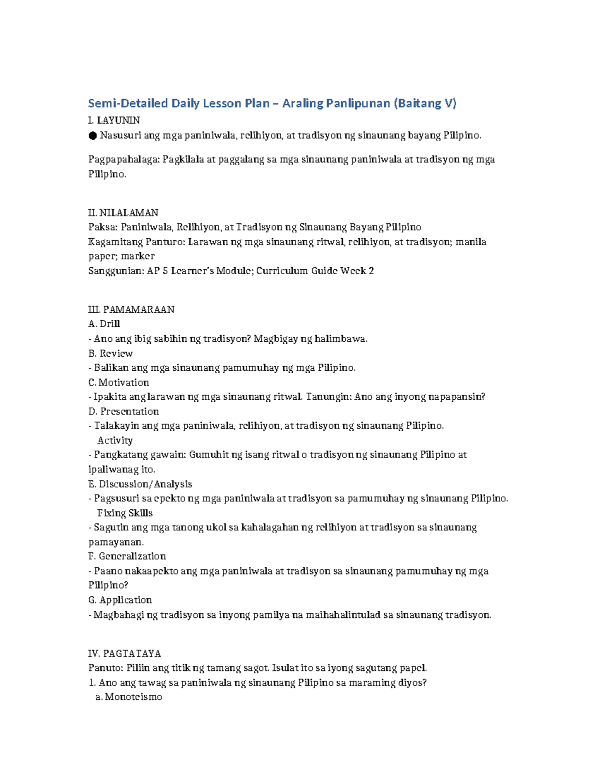 Araling Panlipunan (AP 5) Grade 5 Daily Lesson Plan on Traditions - Studocu