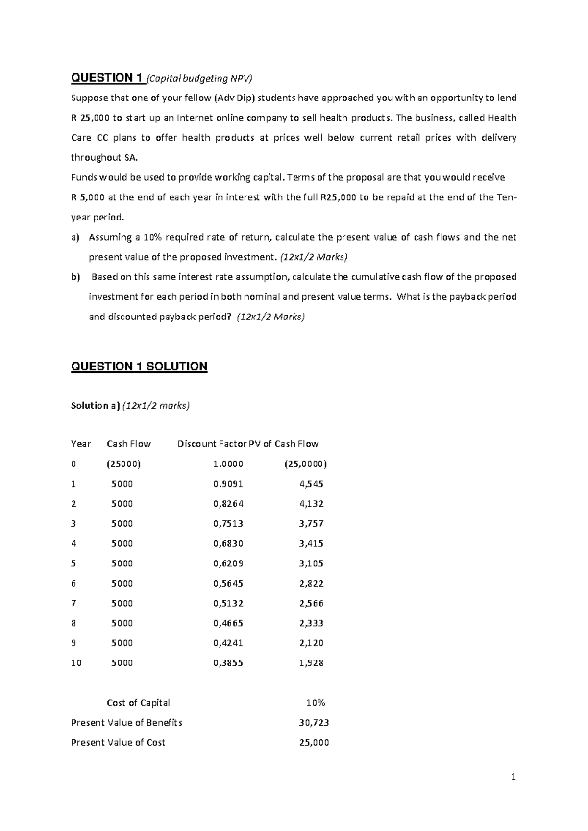 NPV Analysis & Solutions for Adv Dip Capital Budgeting Questions - Studocu