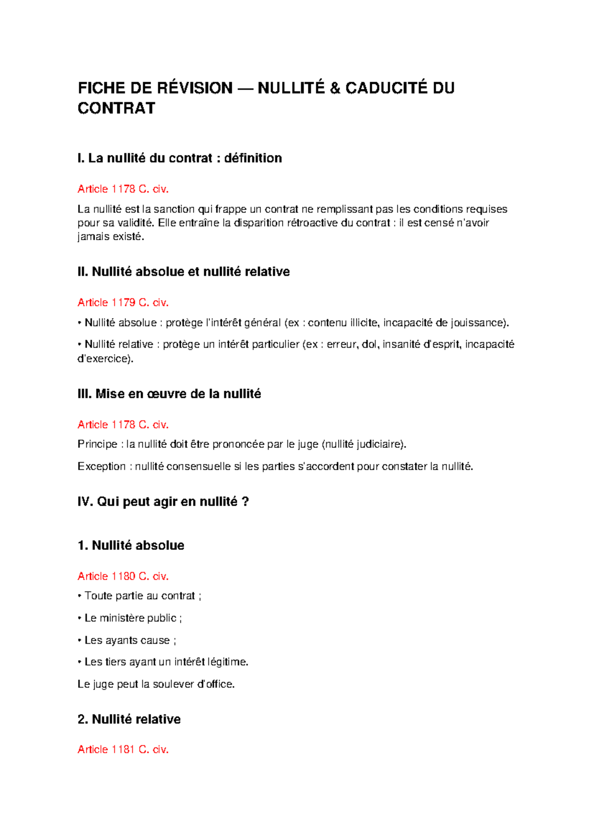 FICHE DE RÉVISION : NULLITÉ ET CADUCITÉ DU CONTRAT - Studocu