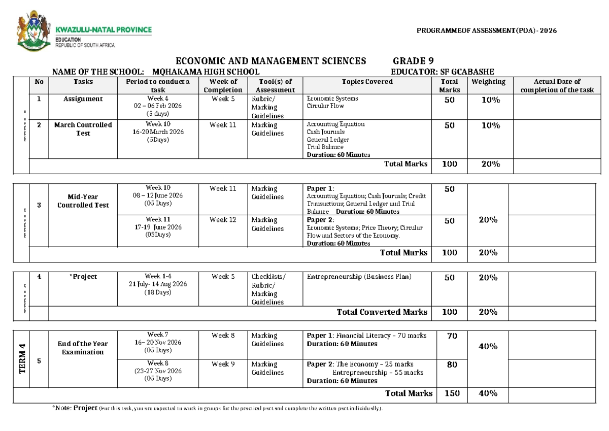 2026 EMS Grade 9 Term 1 & 2 Assessment Overview - Studocu