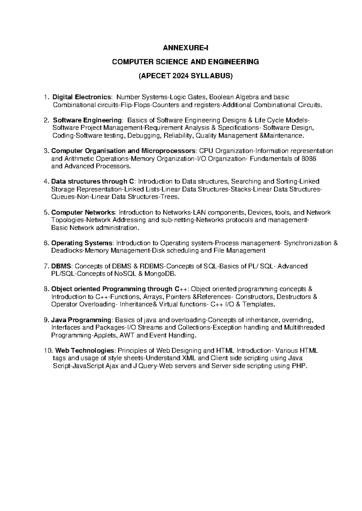 APECET 2024 Syllabus: Computer Science & Engineering Overview - Studocu
