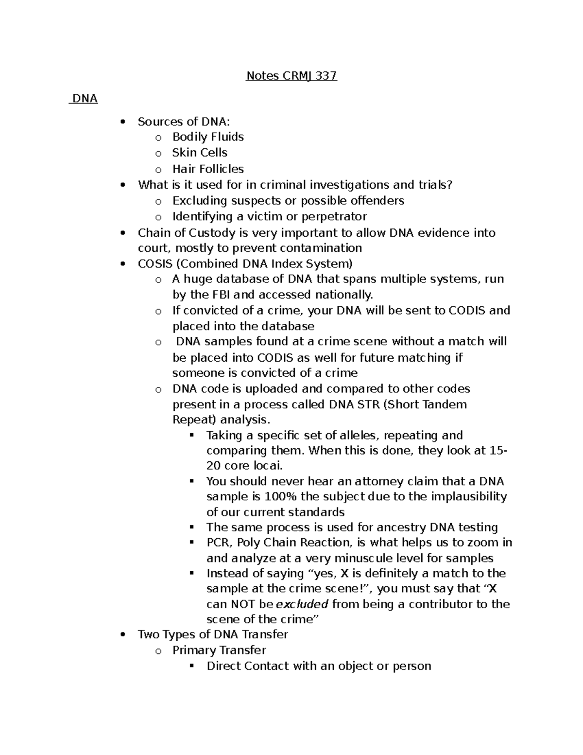 Notes CRMJ 337: DNA Evidence in Criminal Investigations and Trials ...