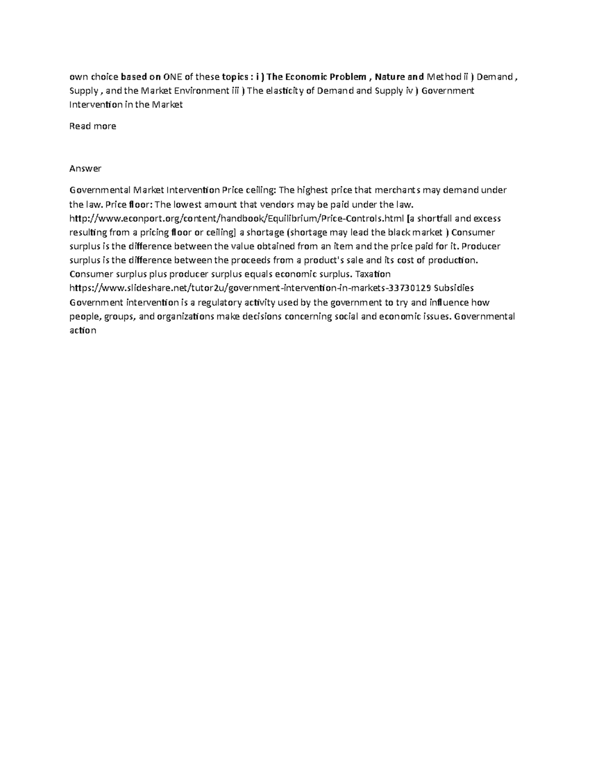 Own choice - eco101 - own choice based on ONE of these topics : i ) The ...