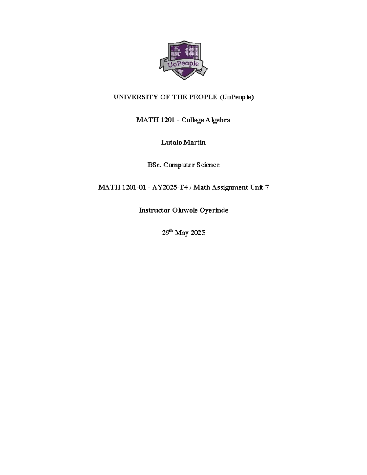 MATH 1201 College Algebra - Assignment Unit 7 Solutions and Practice ...