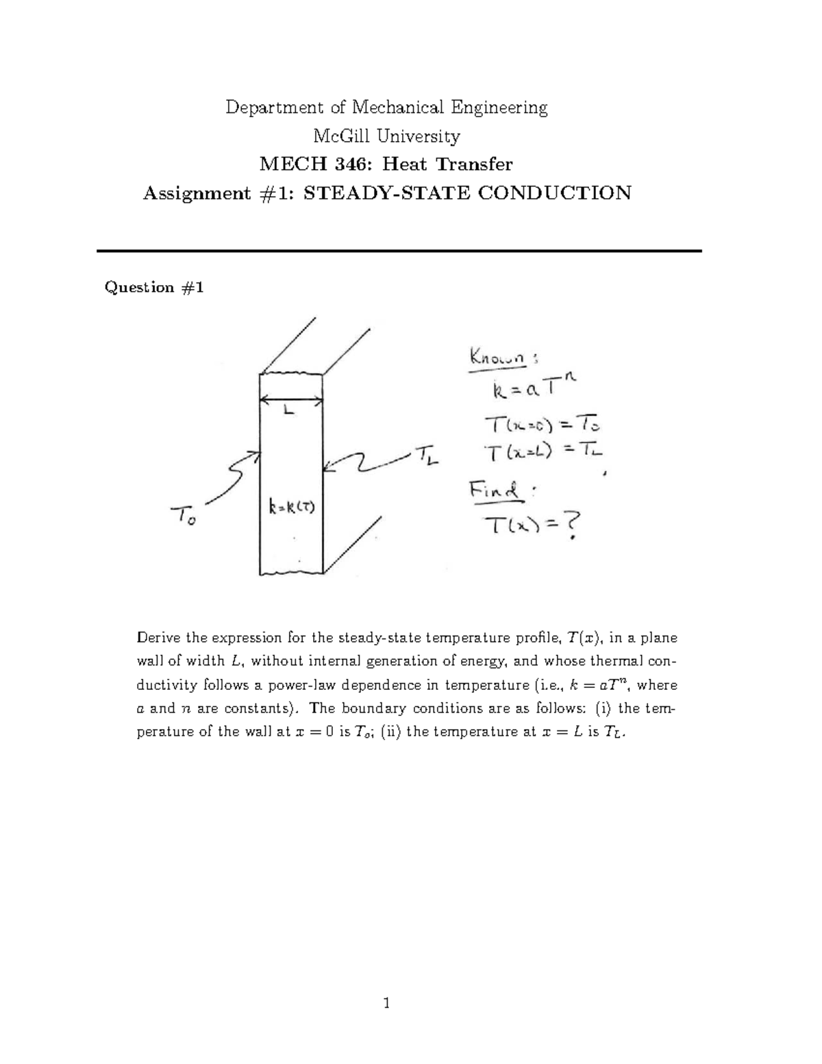 MECH 346: Heat Transfer Assignment - Conduction Problems and Solutions ...