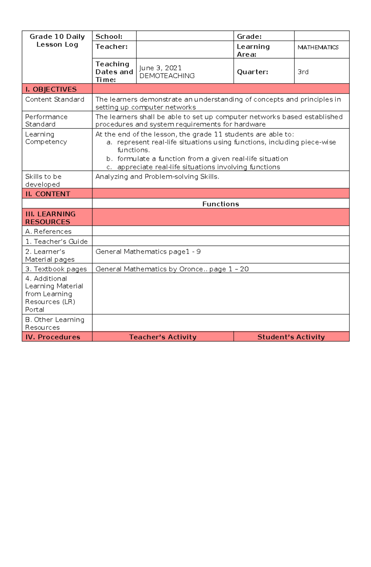 Grade 10 Detailed Lesson Plan: Functions in Mathematics (3rd Quarter ...