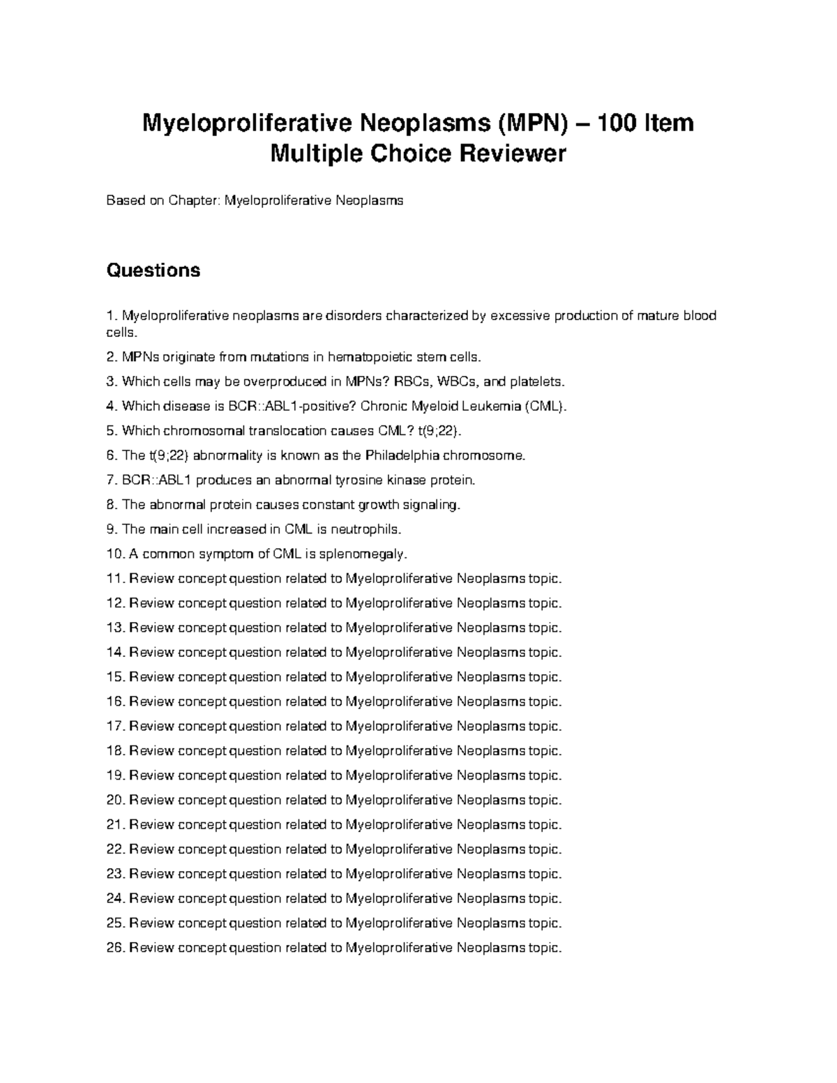 MPN 100 MCQs Final Exam Reviewer on Myeloproliferative Neoplasms - Studocu