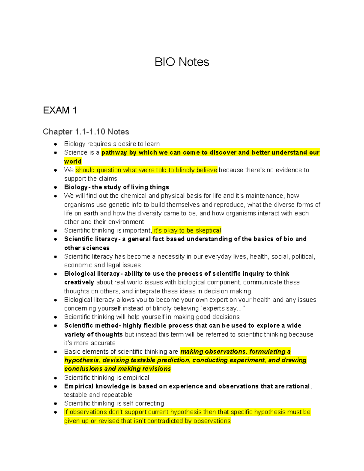 BIO 101 Exam 1 Notes - Professor Haro's Key Concepts and Themes - Studocu