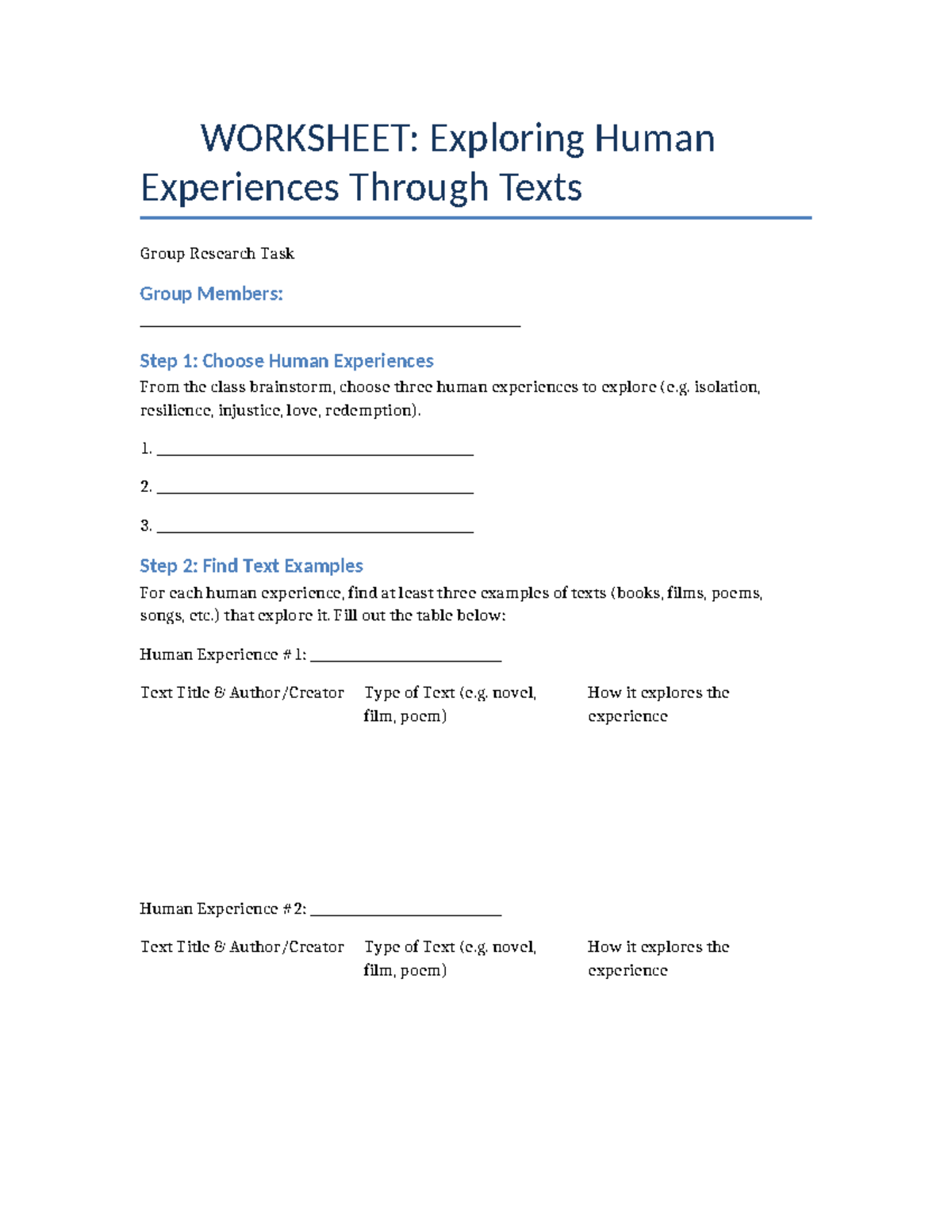 ENG 101: Human Experiences Worksheet for Group Research Task - Studocu