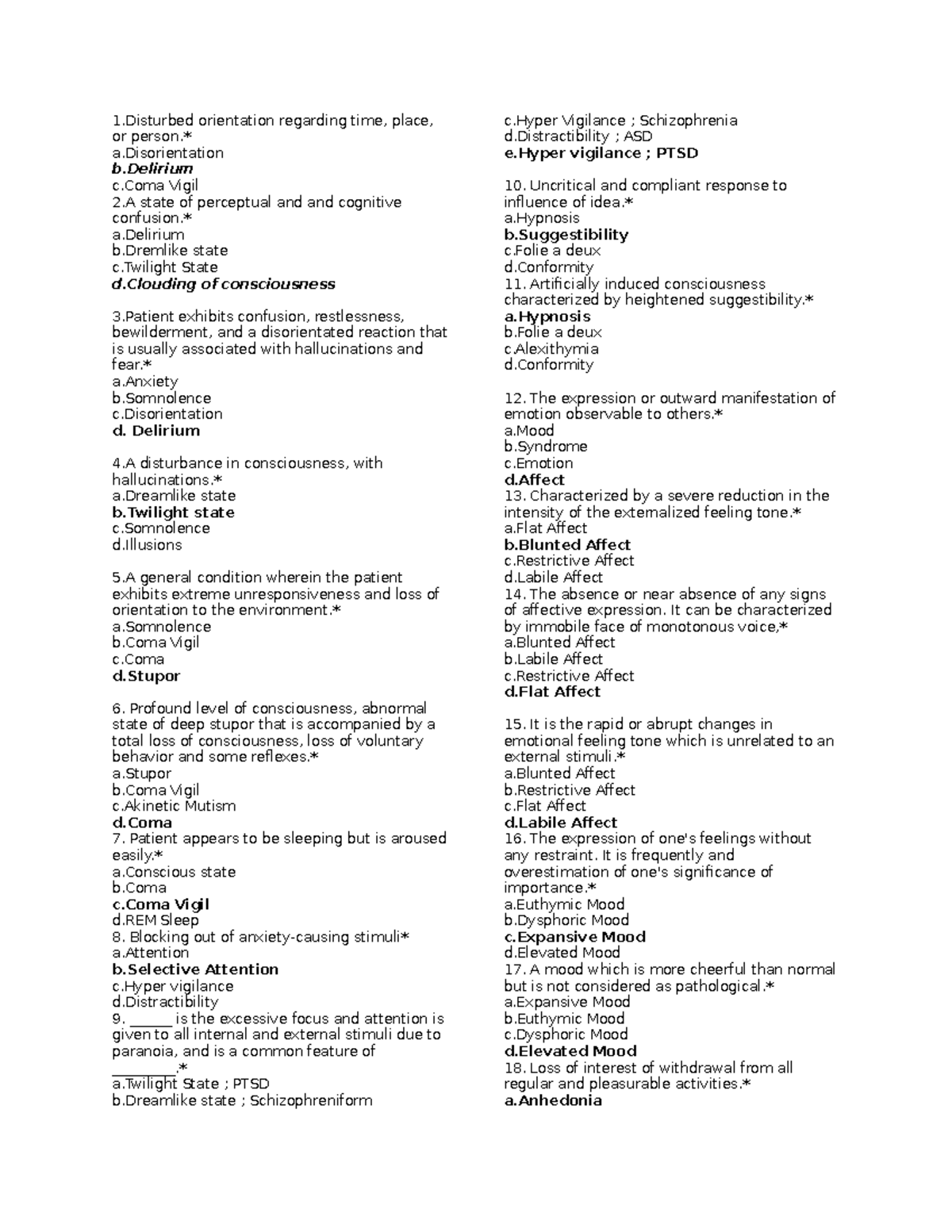 AB Psych Drills: Understanding Consciousness & Affect Disorders - Studocu