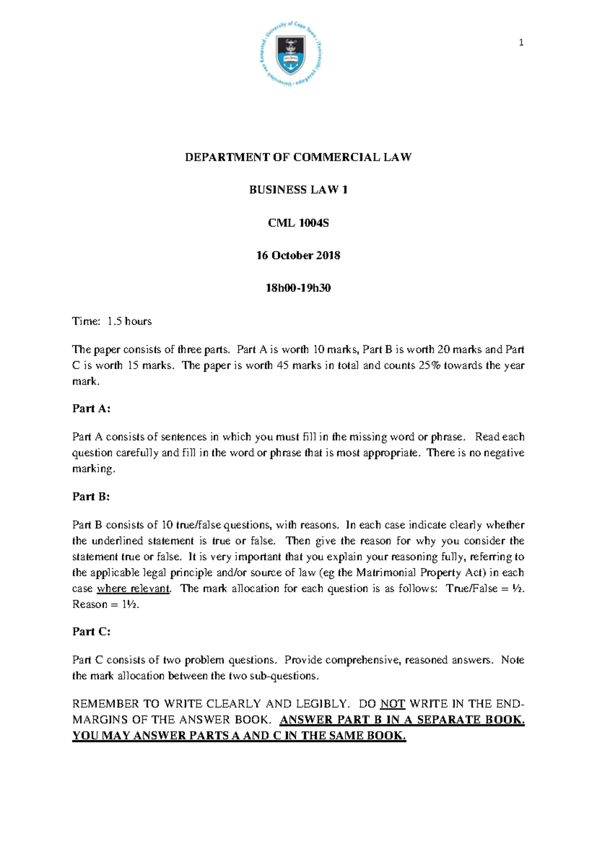 Business Law CML 1004S Test 2 2018 Answers and Highlights - Studocu