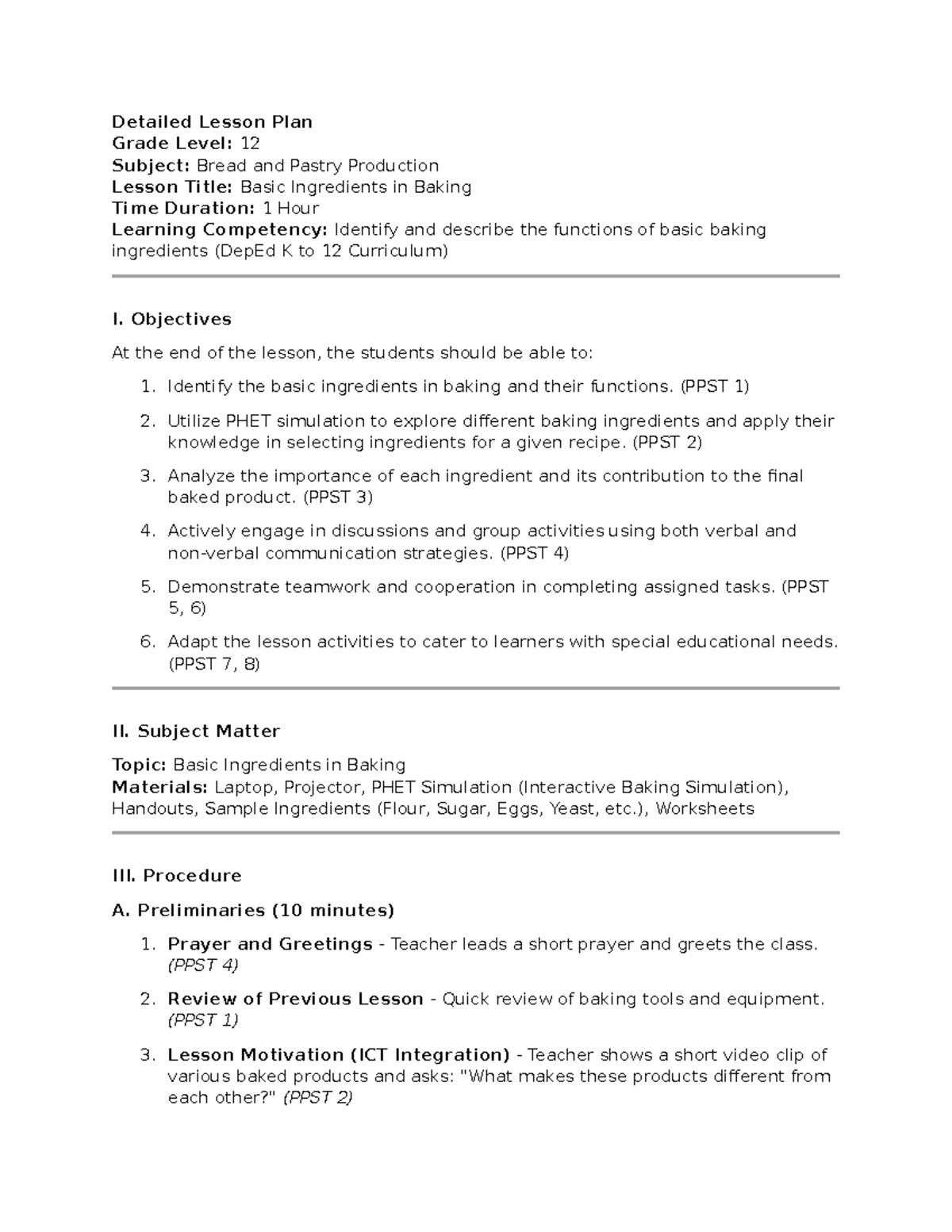 Lesson PLAN 1 - Detailed Lesson Plan Grade Level: 12 Subject: Bread and ...