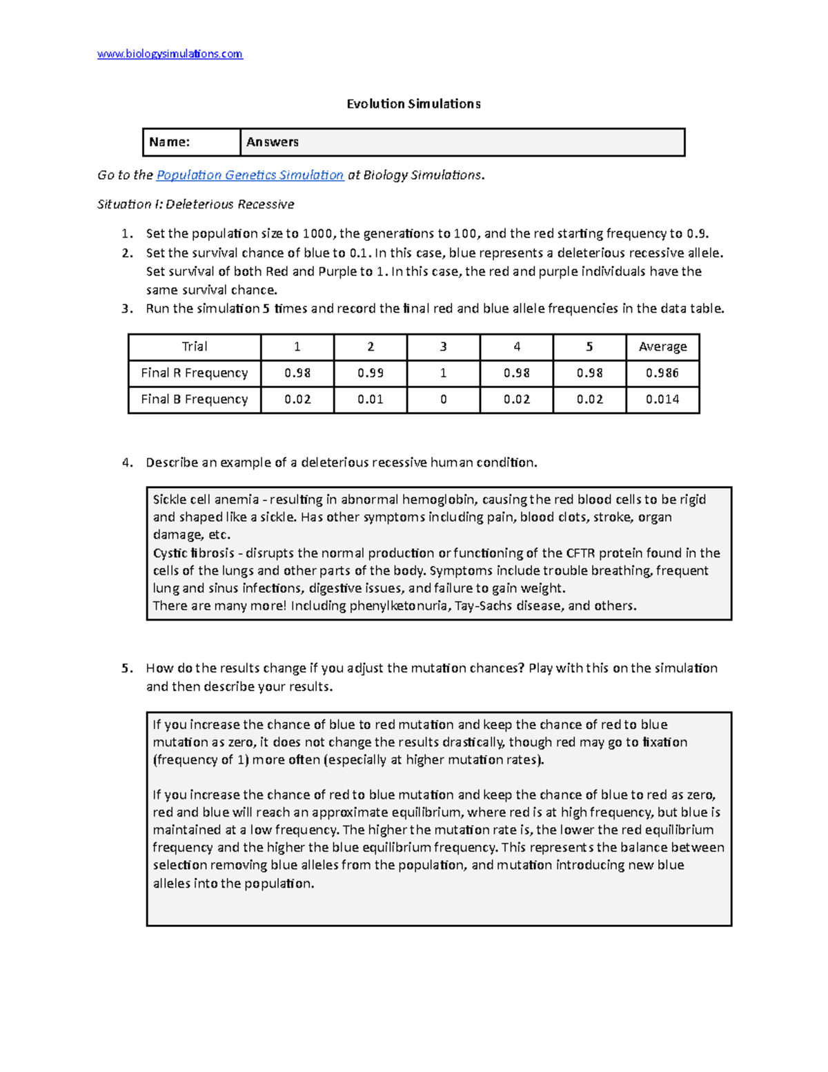 Evolution Simulations Worksheet Key: Genetic Drift and Population ...