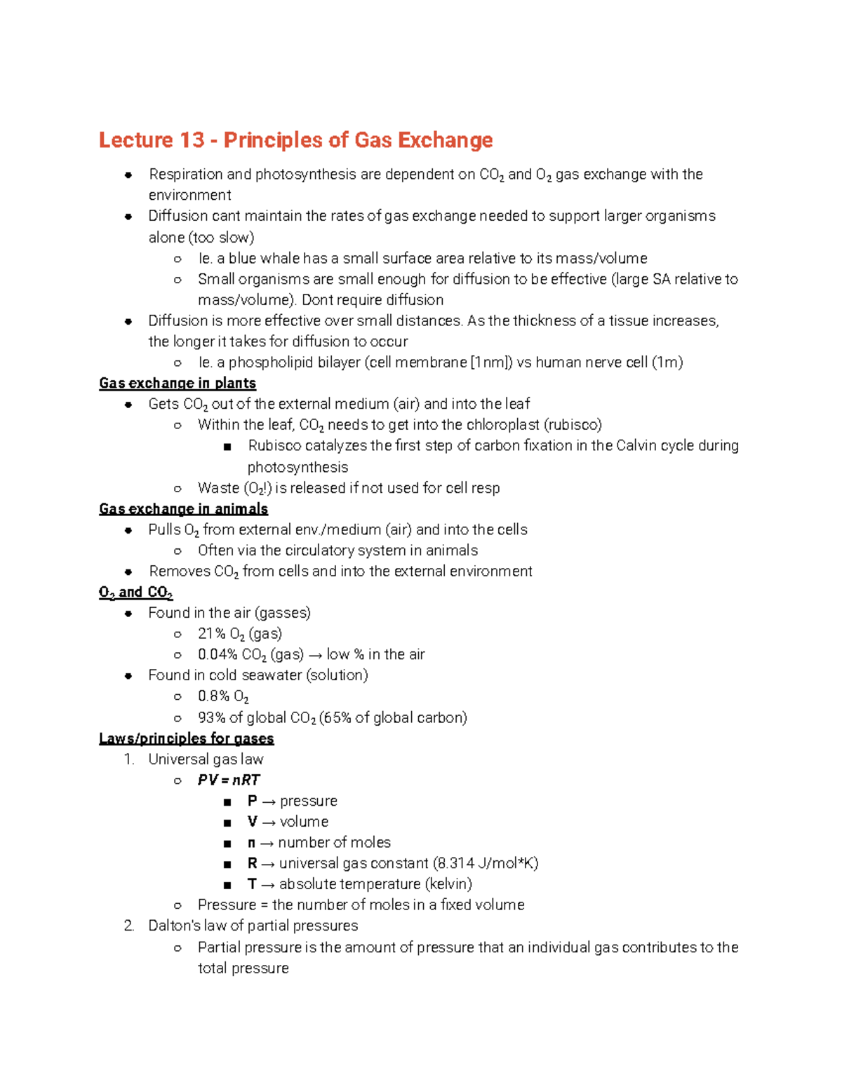 Lecture 13 notes - Lecture 13 - Principles of Gas Exchange Respiration ...