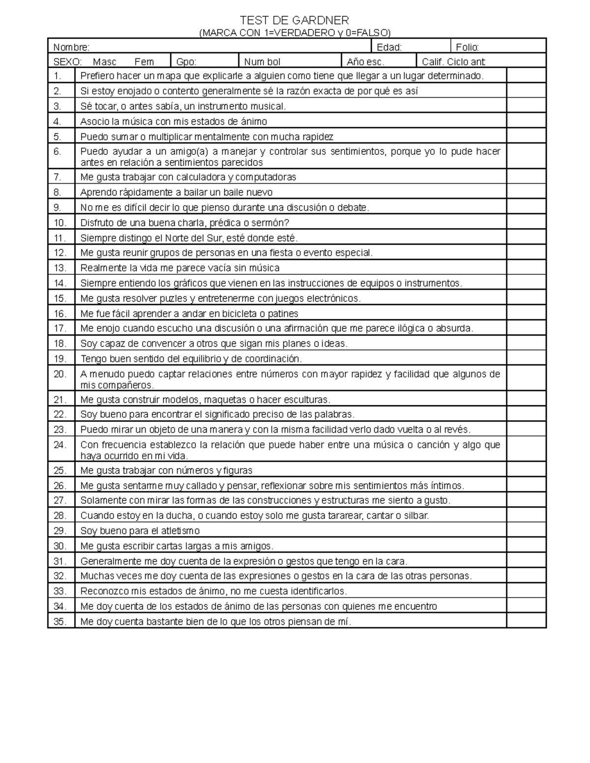 TEST DE GARDNER: Evaluación de Habilidades y Preferencias - Studocu