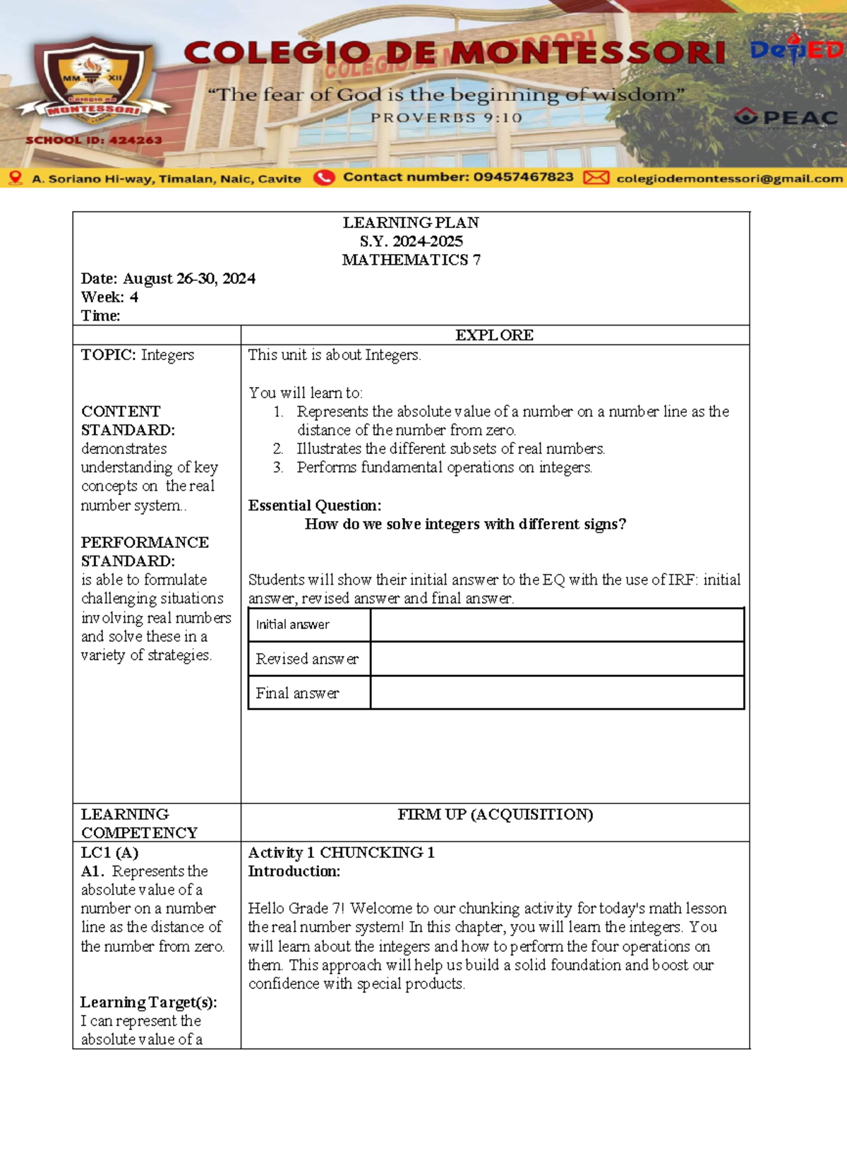Week 4 -LP- MATH 7 - Grade 7 Math - 1st Quarter - LEARNING PLAN S. 2024 ...