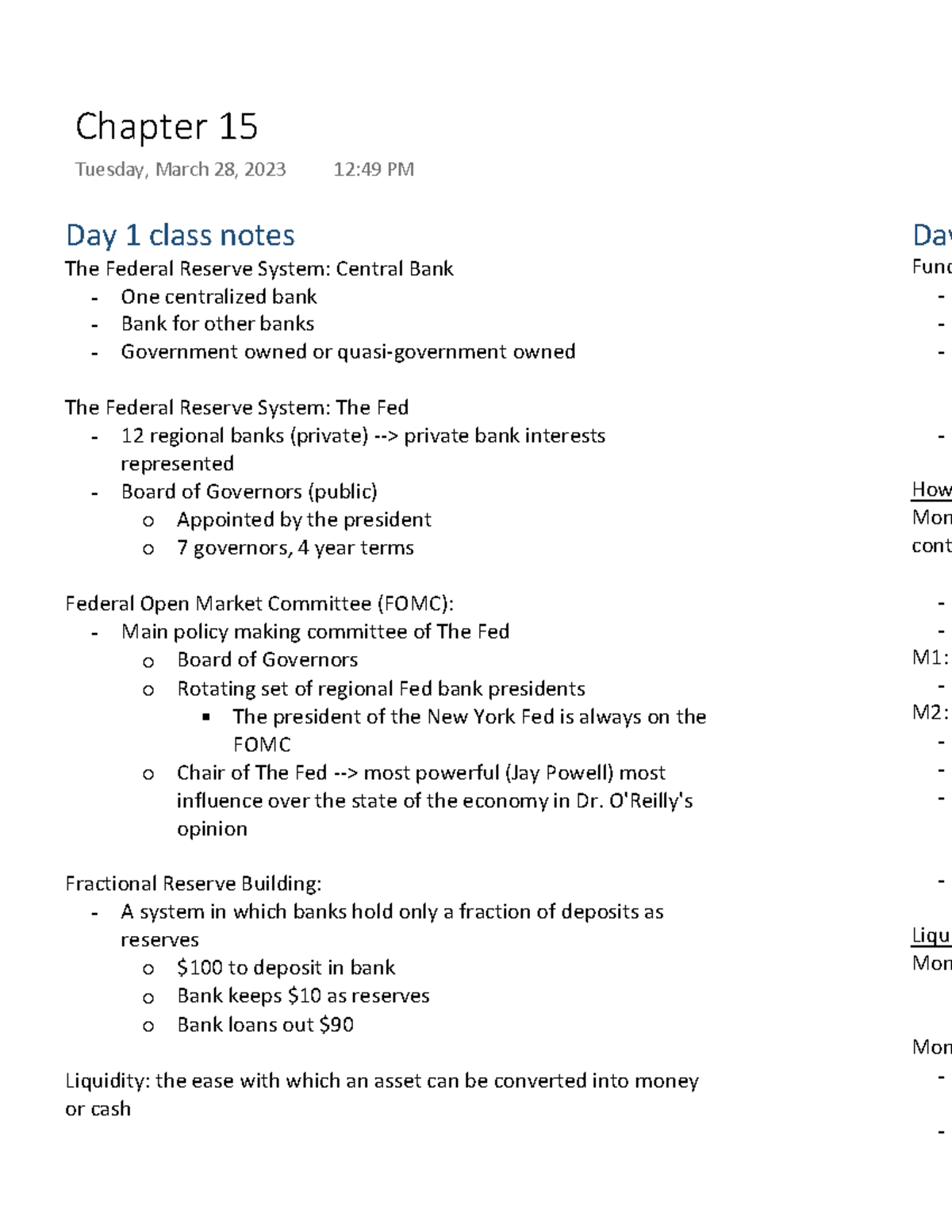 Chapter 15 - Day 1 class notes The Federal Reserve System: Central Bank ...
