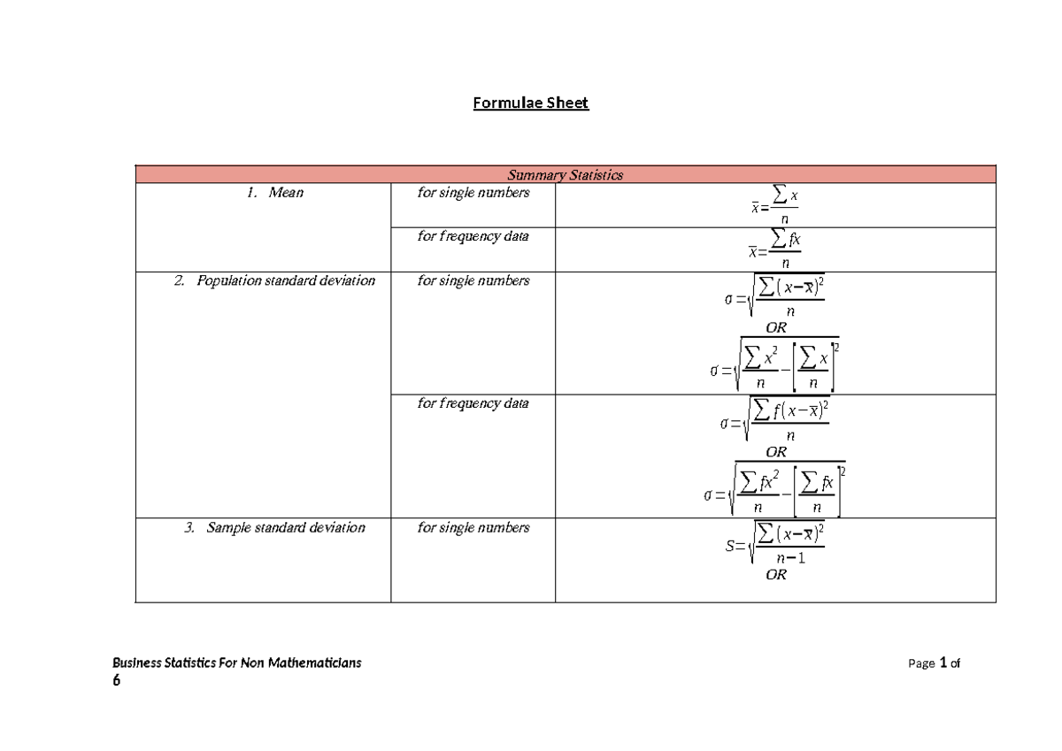 Formulae Sheet 1 - Formulae Sheet Summary Statistics Mean for single ...