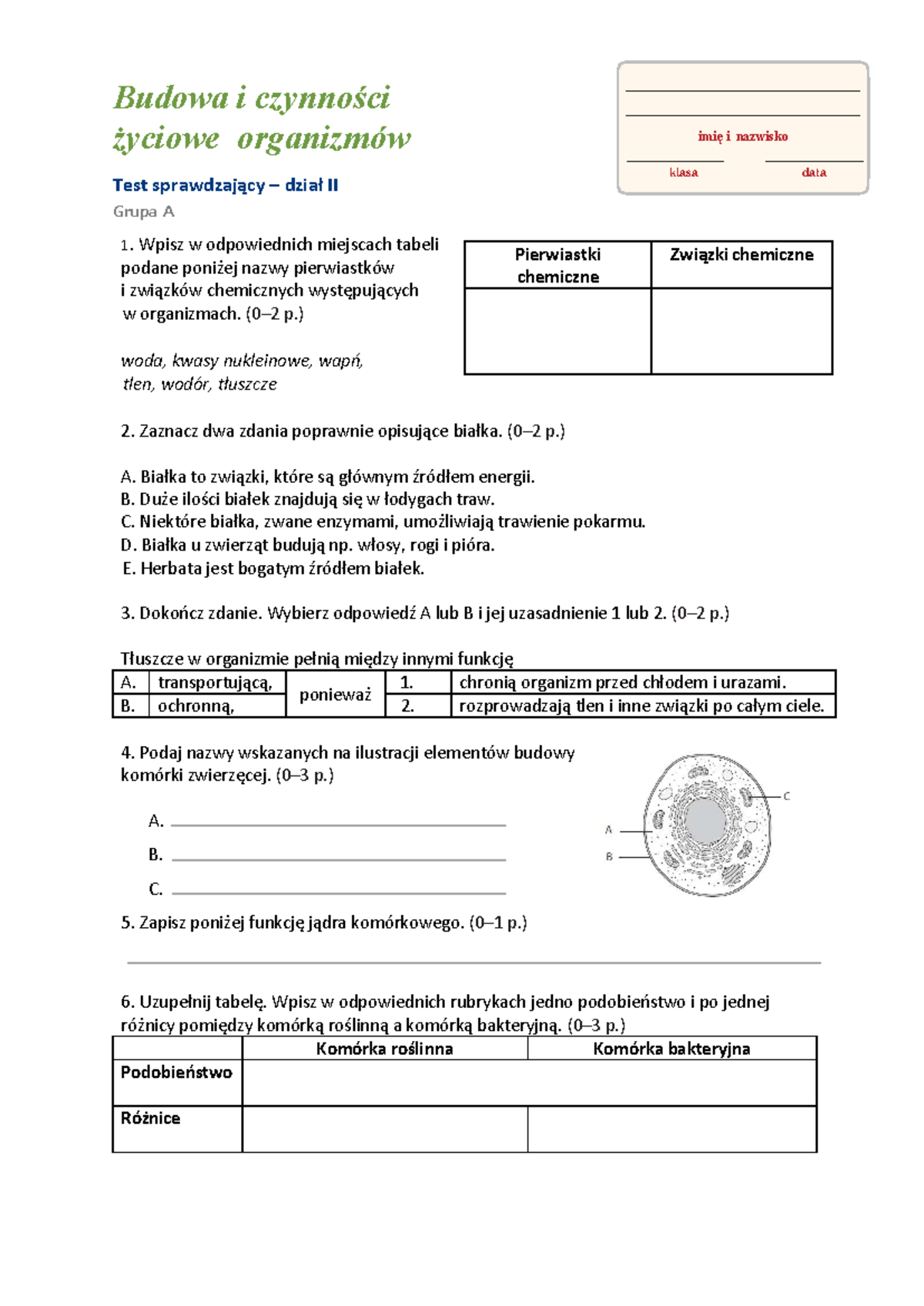 Test: Budowa i Czynności Życiowe Organizmu - Grupa A - Studocu