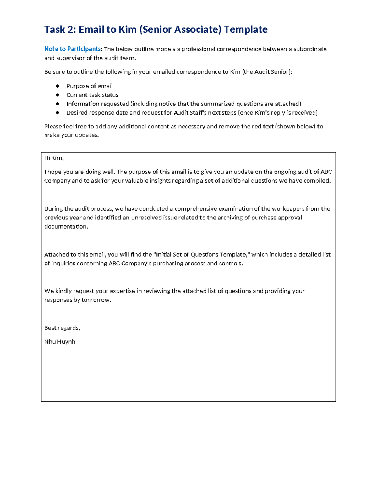 Task 2: Email Template to Kim (Senior Associate) for Audit Update - Studocu
