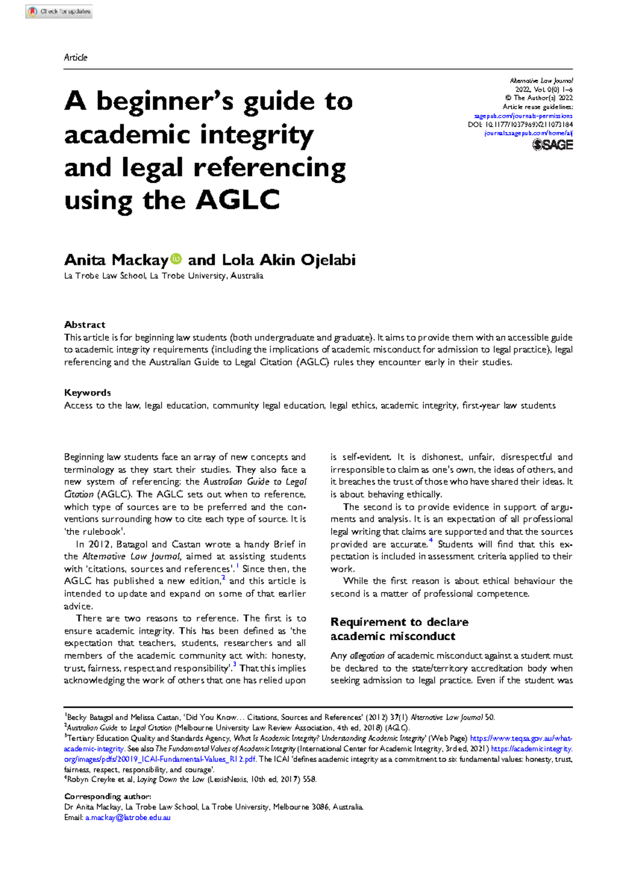 Beginners' Guide to Academic Integrity & AGLC (LAW101) - Studocu