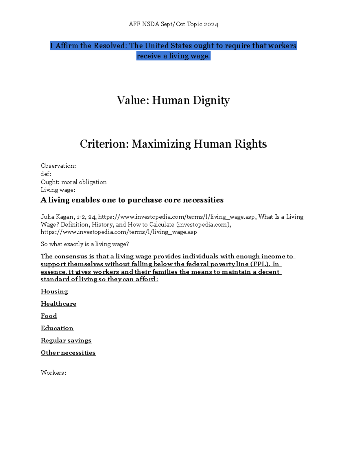 AFF NSDA Topic 2024: The Case for Living Wages and Human Rights - Studocu