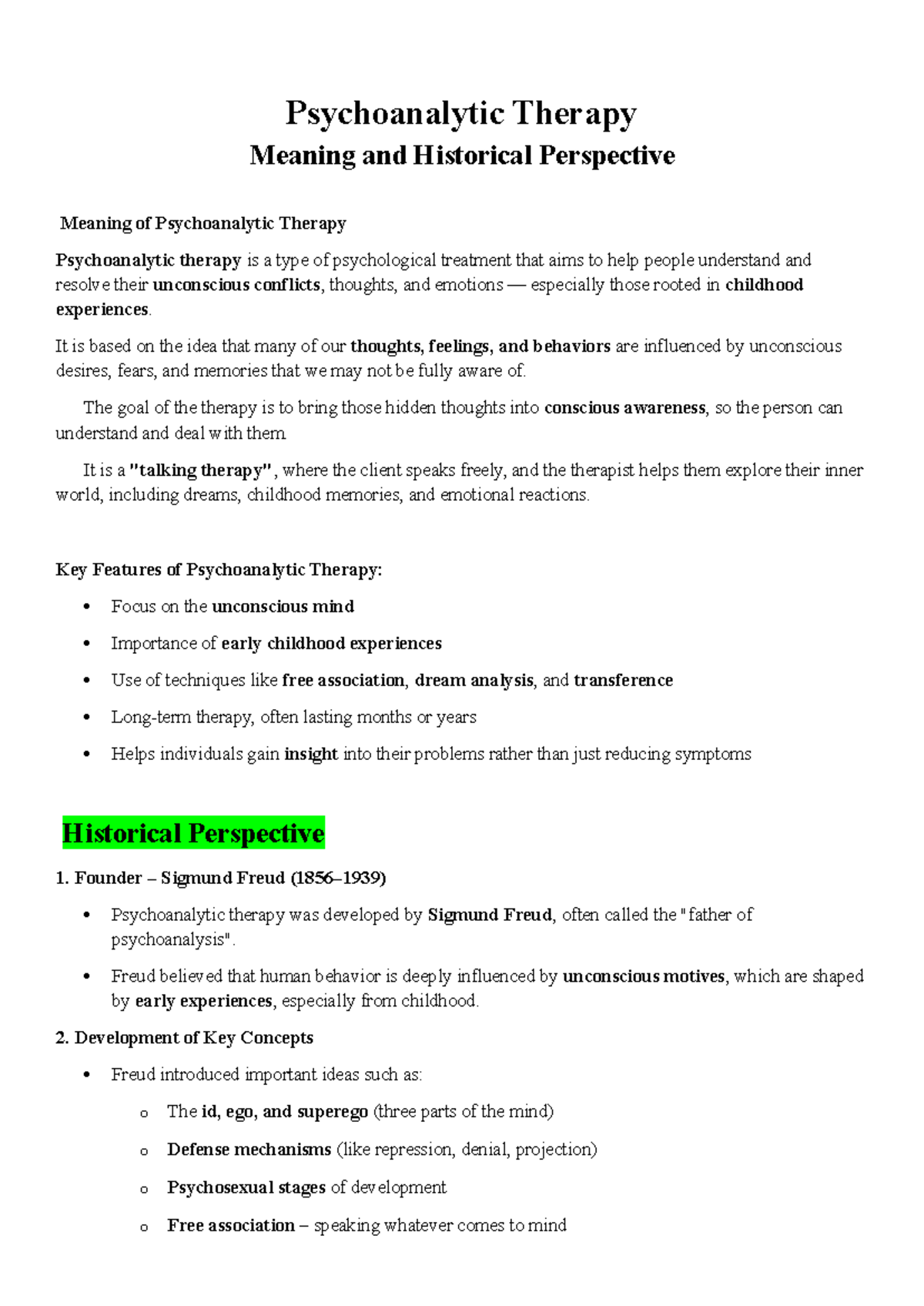 Psychoanalytic Therapy: Historical Insights and Key Concepts - Studocu