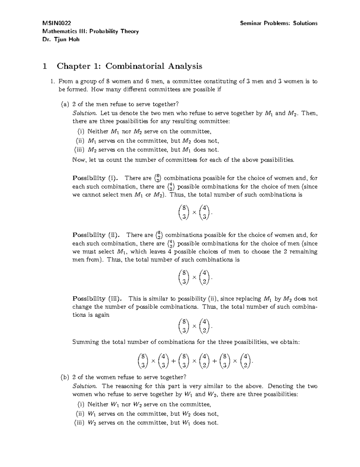 MSIN0022 Seminar 1 Problems: Solutions on Combinatorial Analysis - Studocu