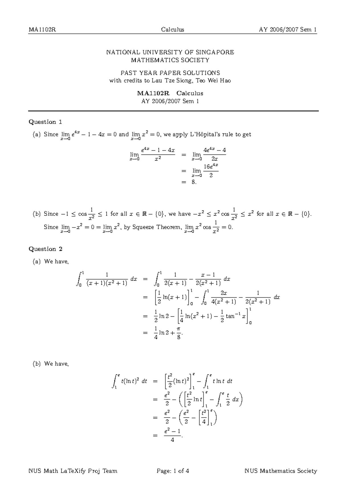MA1102R Calculus AY Sem 1 Past Year Paper Solutions - Studocu