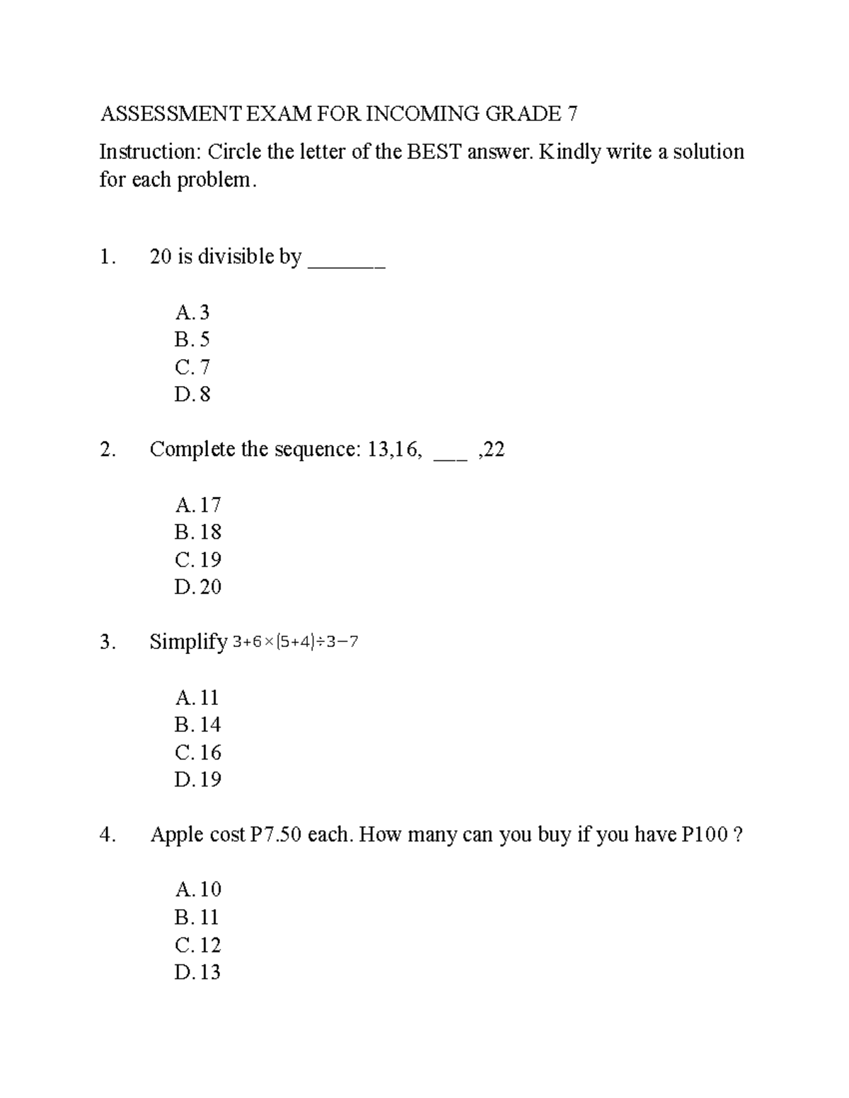Assessment EXAM FOR Incoming Grade 7 - Instruction: Circle the letter ...