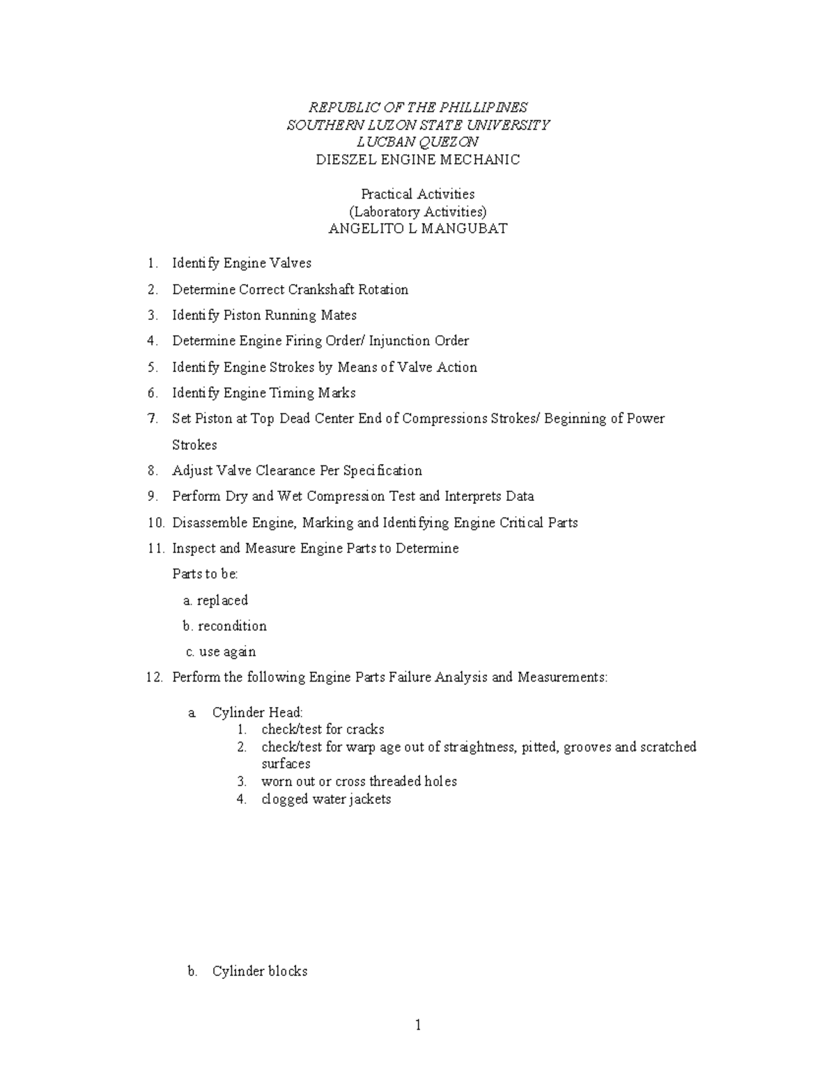 Overhauling Activities for Diesel Engine Mechanics (ENG 101) - Studocu