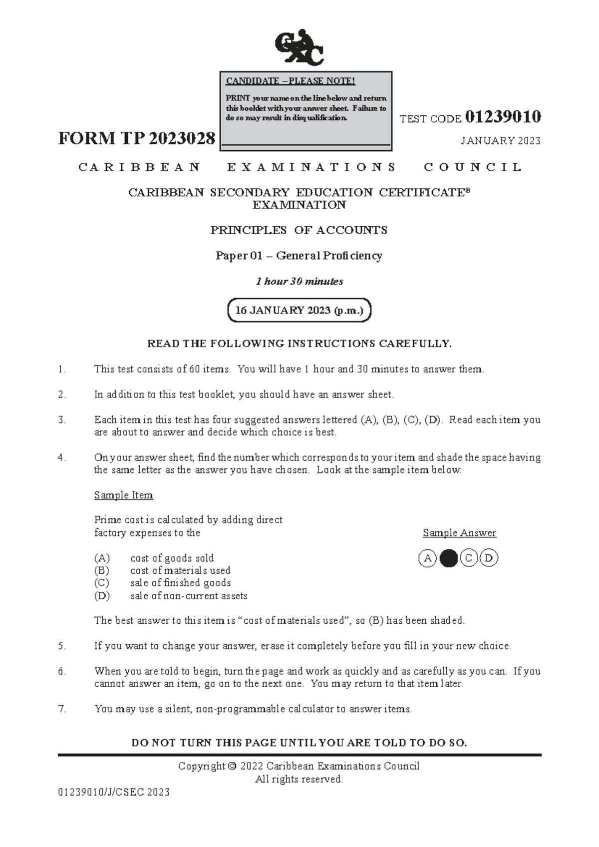 CSEC POA Paper 01 General Proficiency January 2023 Exam Instructions ...