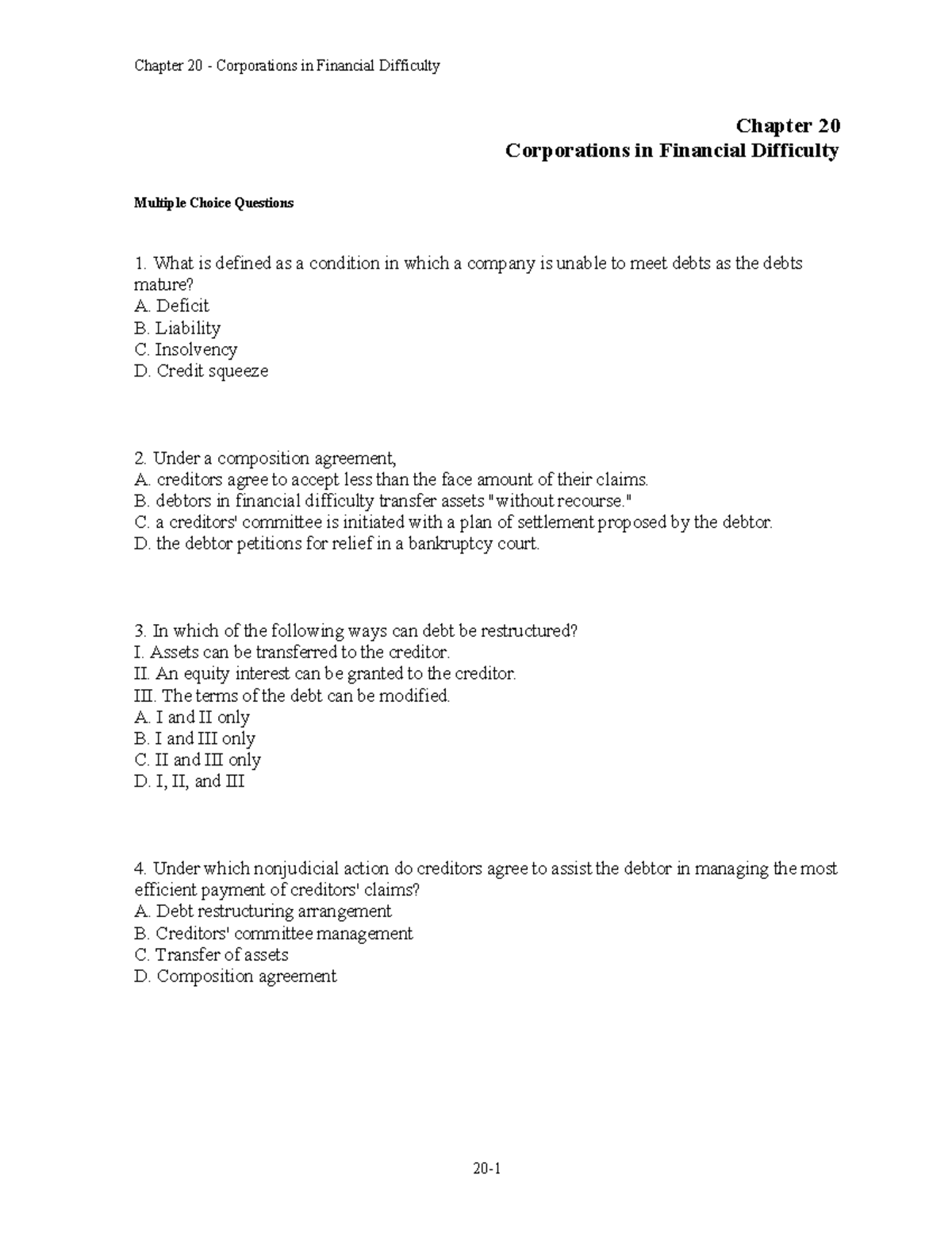 Ch 20 Corporations in Financial Difficulty: MCQs & Key Concepts - Studocu