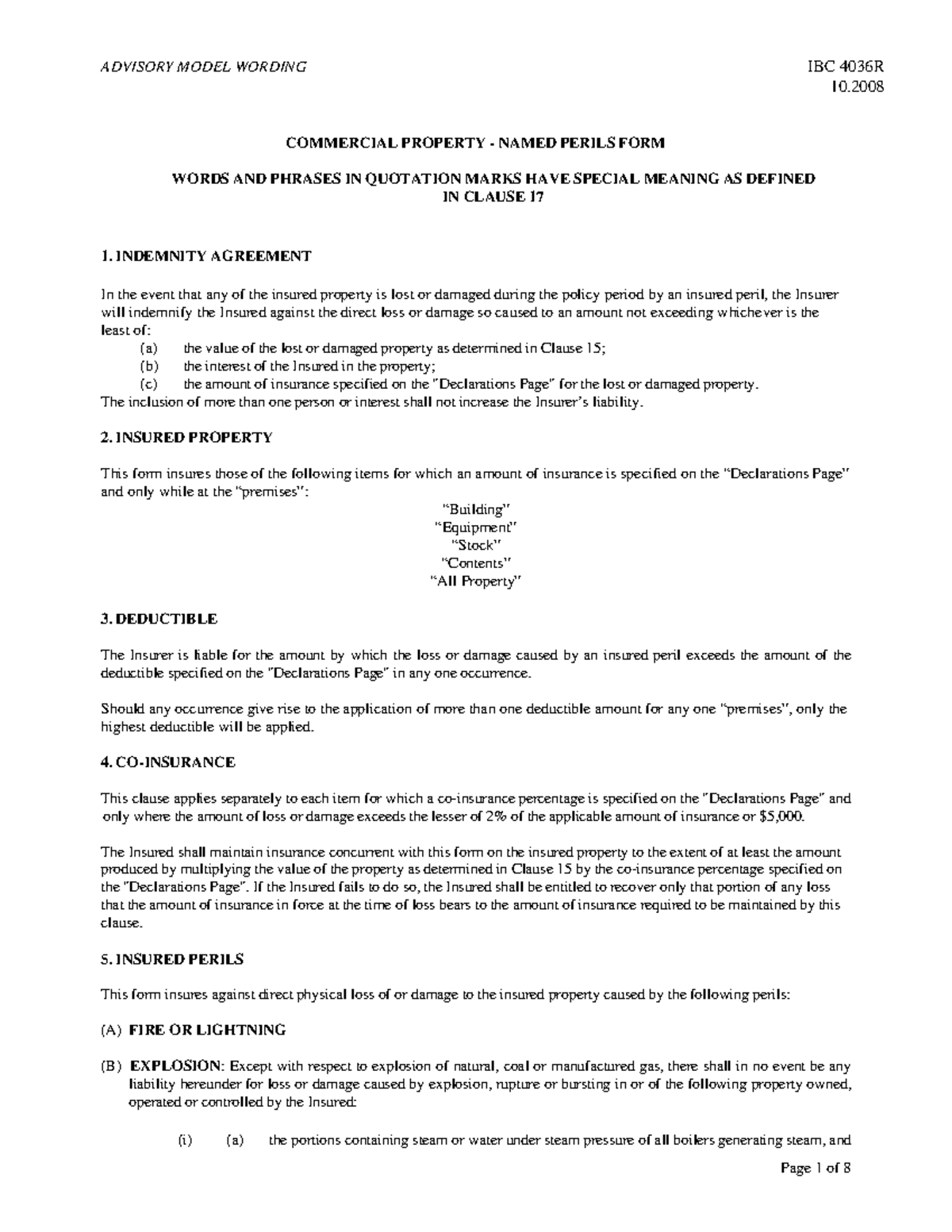 IBC 4036R 10.2008 Commercial Property Named Perils Form Guide - Studocu