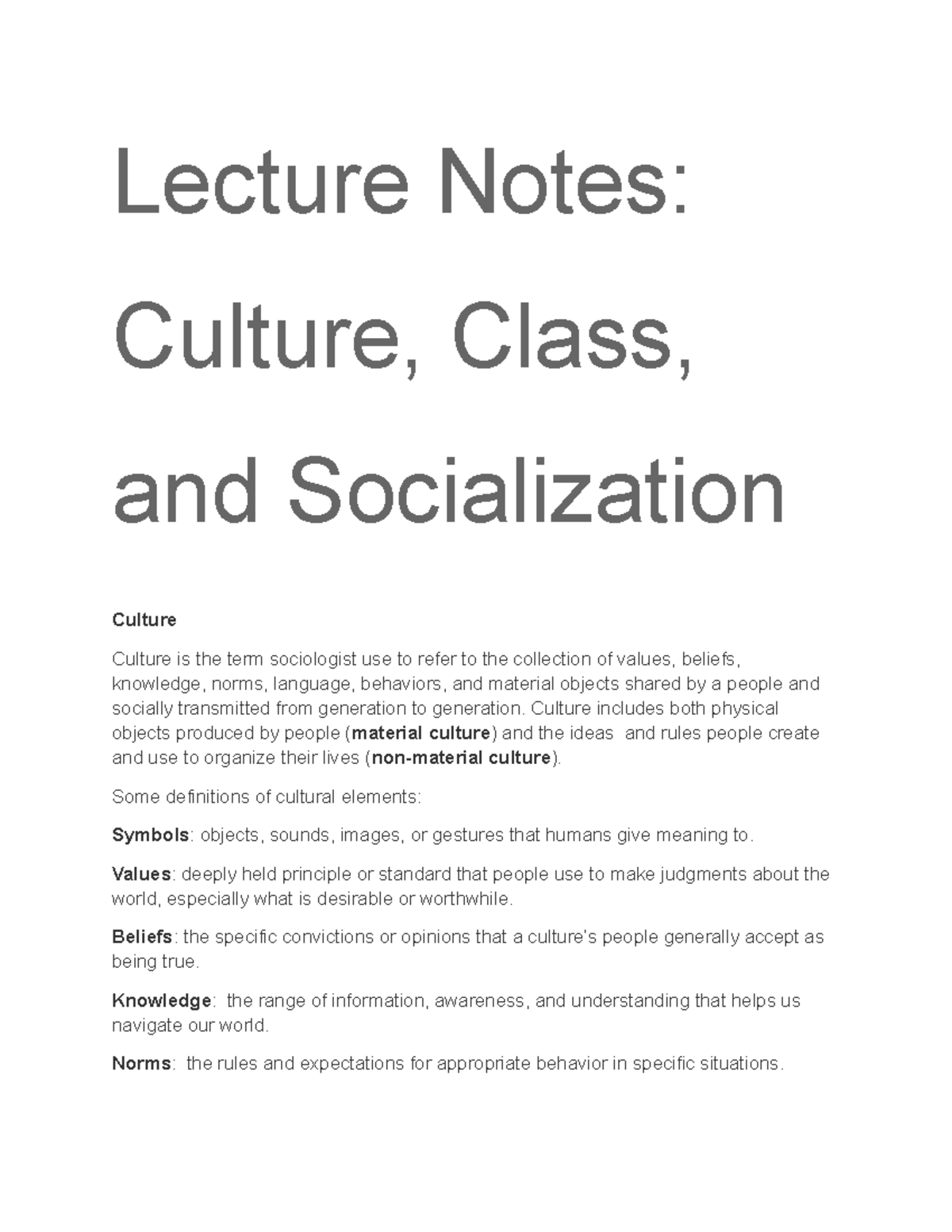 Lecture Notes: Culture, Class, and Socialization (SOC 101) - Studocu