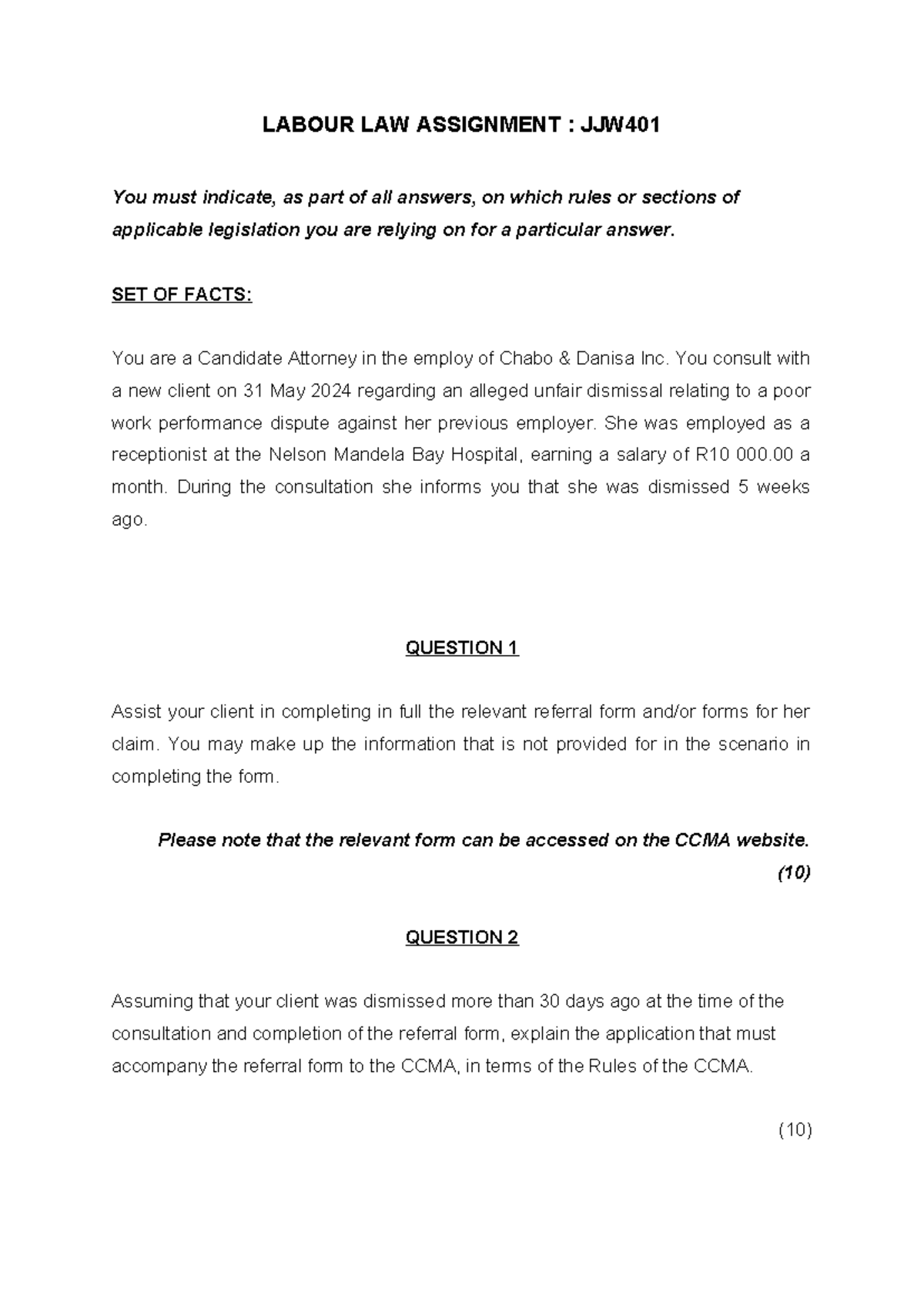 JJWV400 2024 Labour Law Assignment: Unfair Dismissal Analysis - Studocu