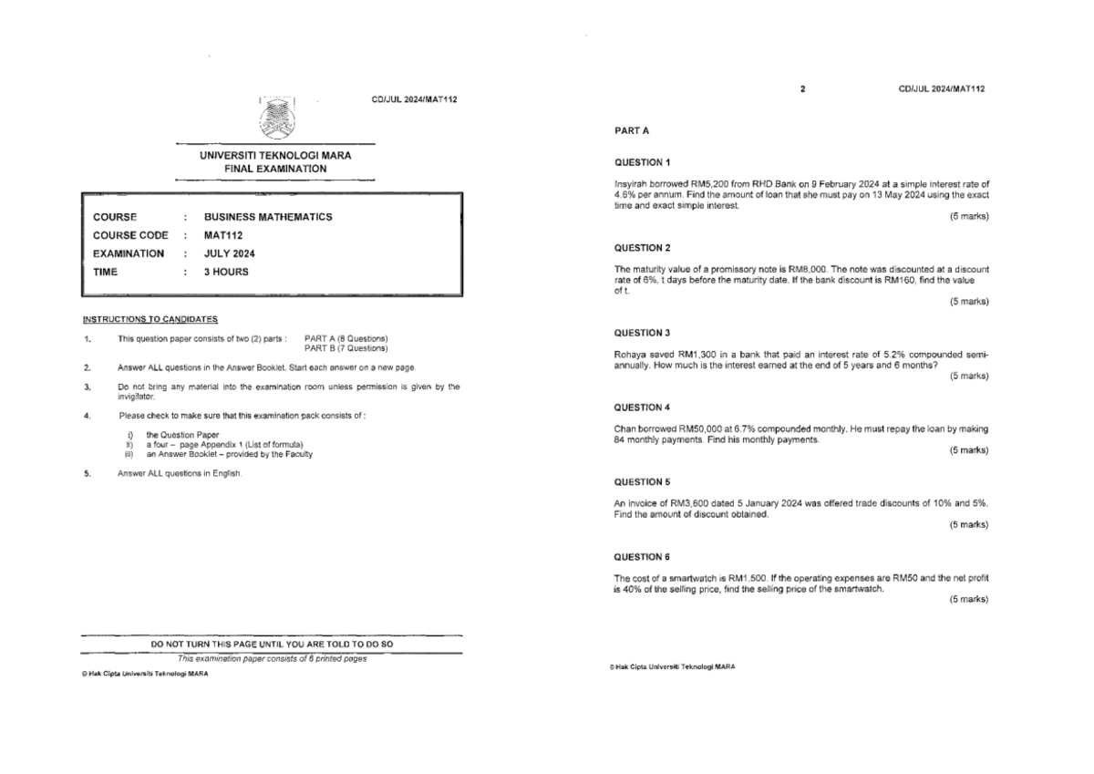 MAT112 Final Exam Questions - Business Mathematics July 2024 - Studocu