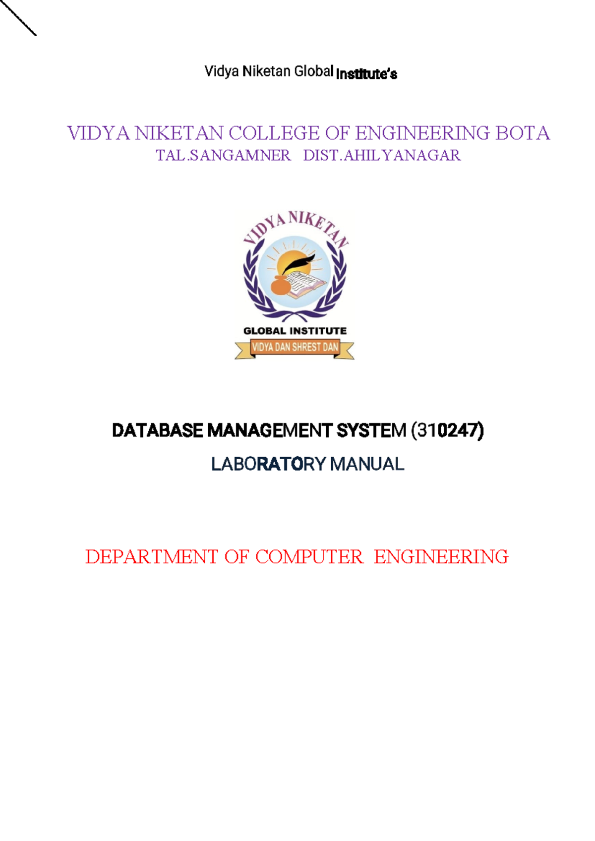 Final DBMS Lab Manual - C306: Database Programming and Design - Studocu