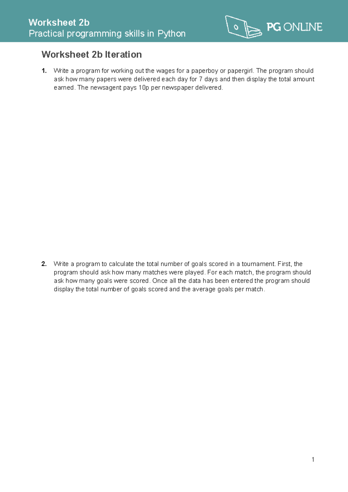 Python Skills Worksheet 2b: Practical Programming & Iteration - Studocu
