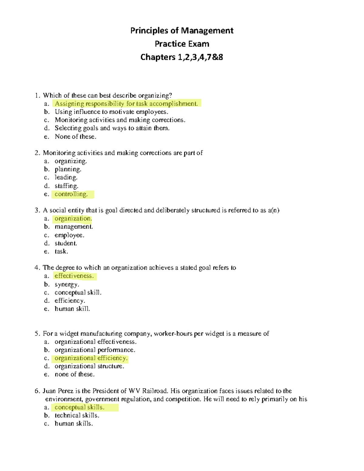 Principles of Management Practice Exam - Chapters 1 to 8 - Studocu