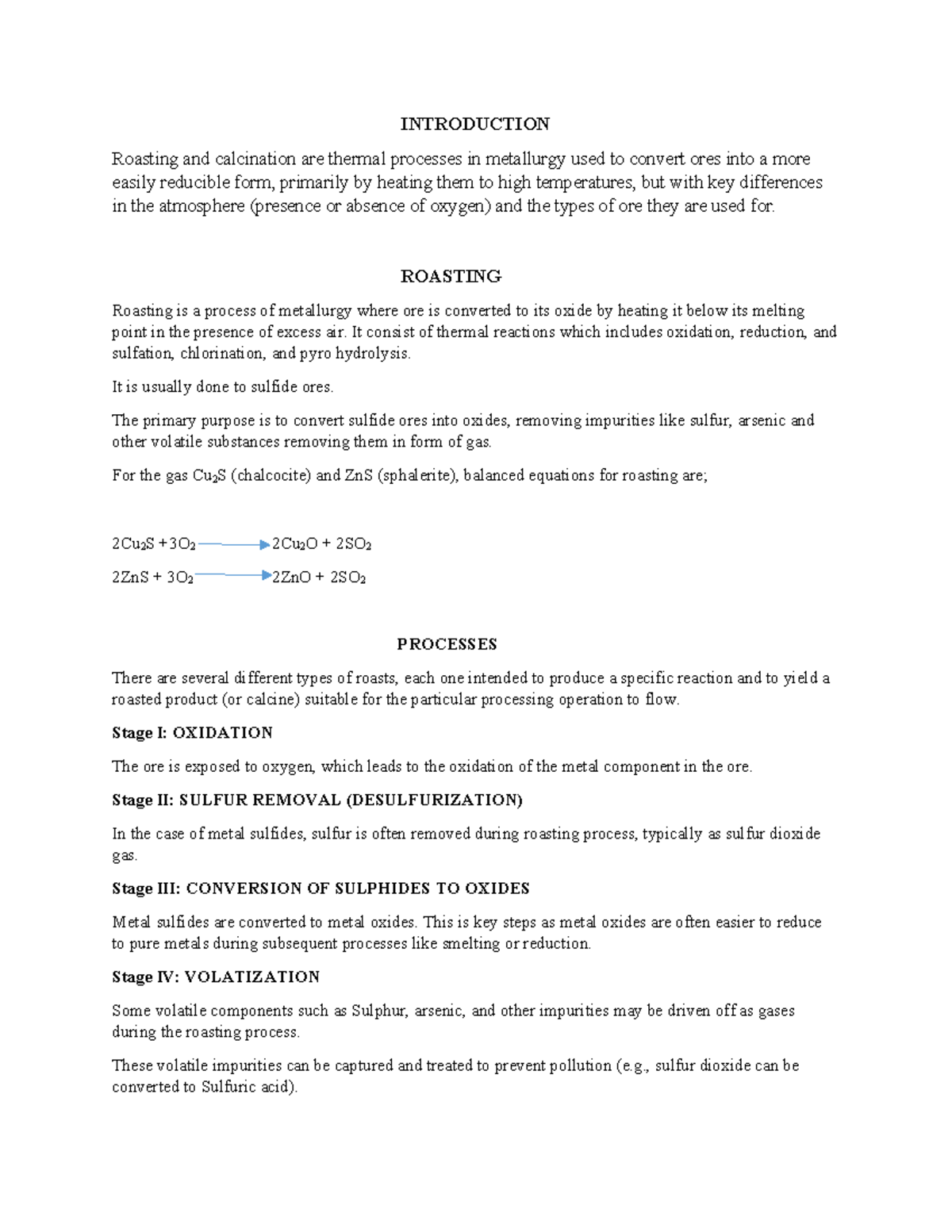 BCH 4102 Assignment - Principles of Metallurgy: Roasting & Calcination ...