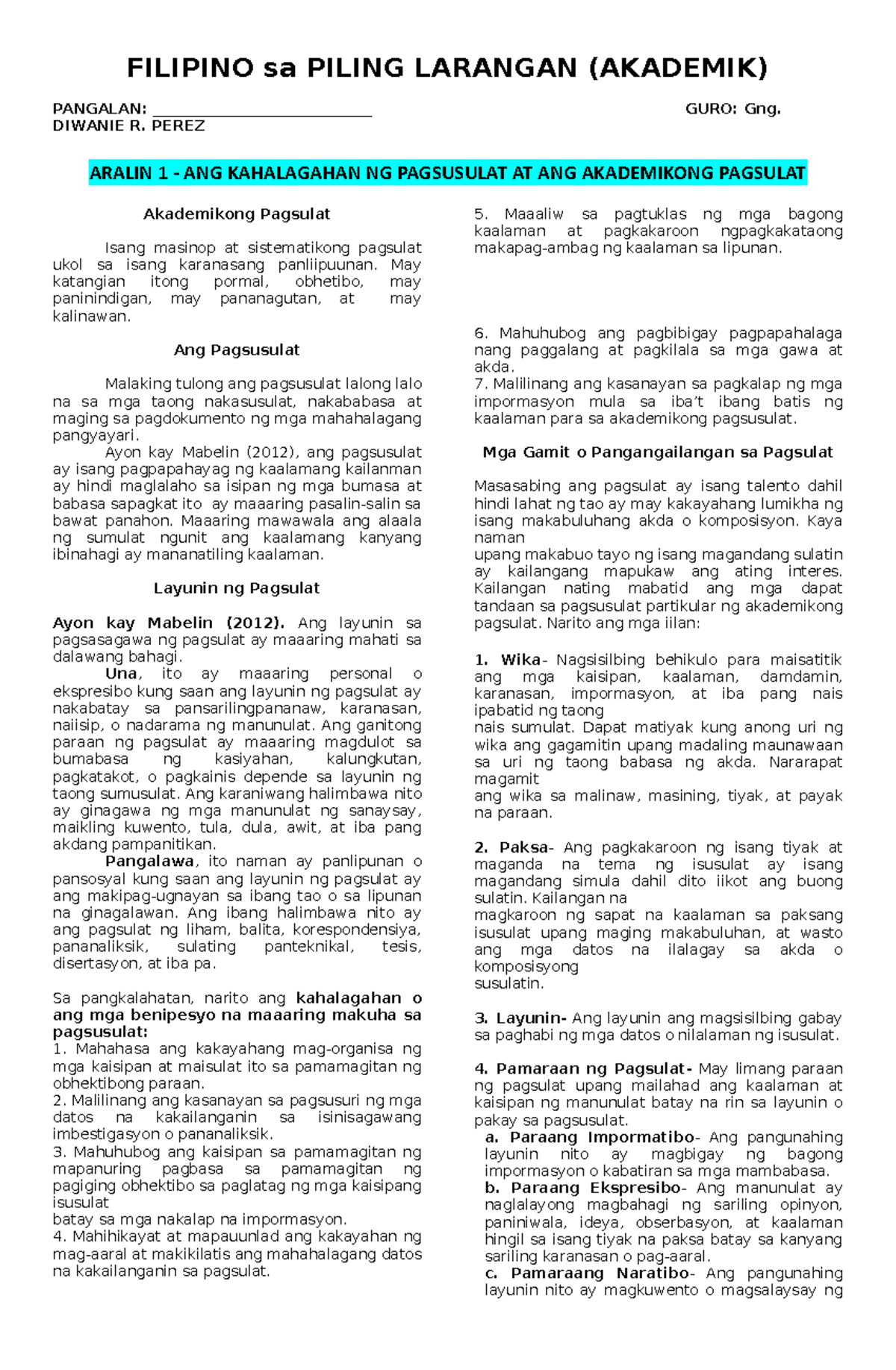 FPL-AKAD Q1 W1 - ACTIVITY SHEET on Pagsusulat at Kahalagahan Nito - Studocu