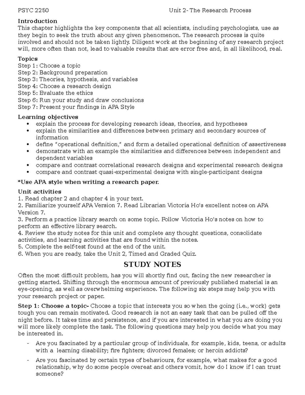 PSYC 2250 Unit 2 Research Process Overview and Key Concepts - Studocu