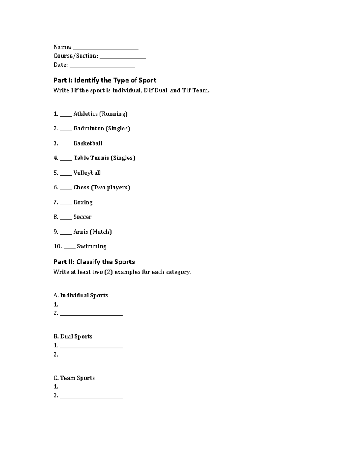 Sports Classification Activity: Individual, Dual, Team Types - Studocu