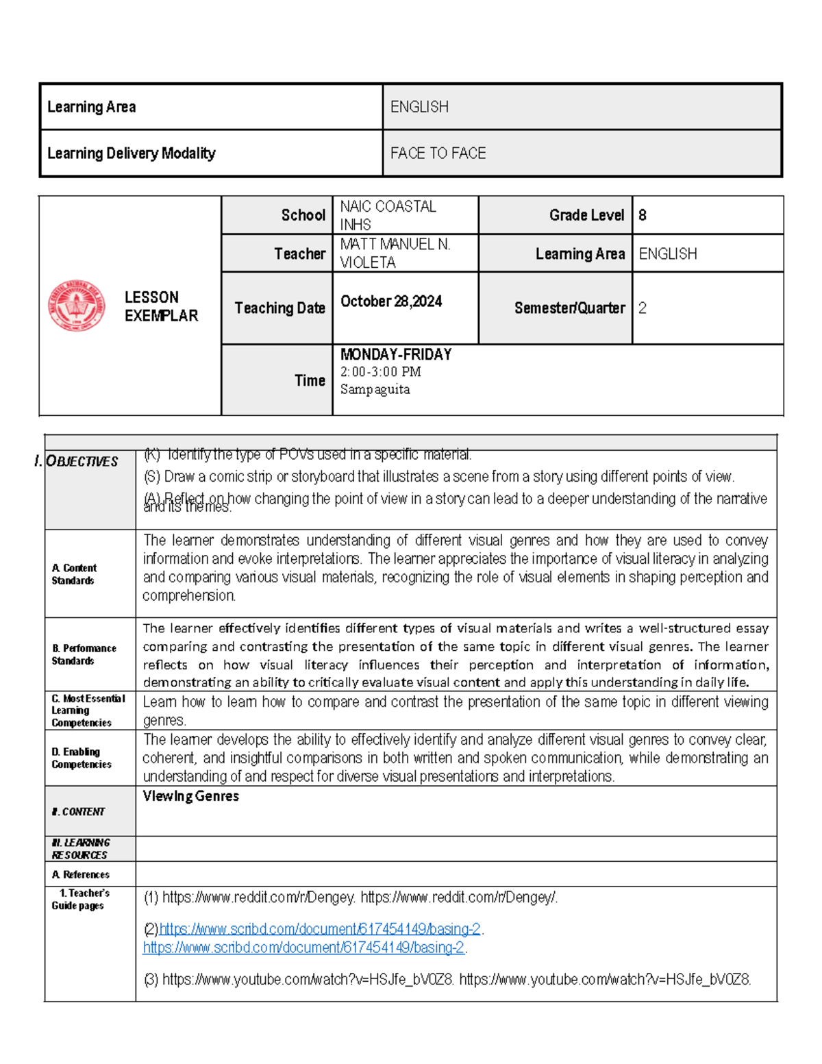 Lesson on Point of View (POV) - Grade 8 English LP - Oct 28, 2024 - Studocu