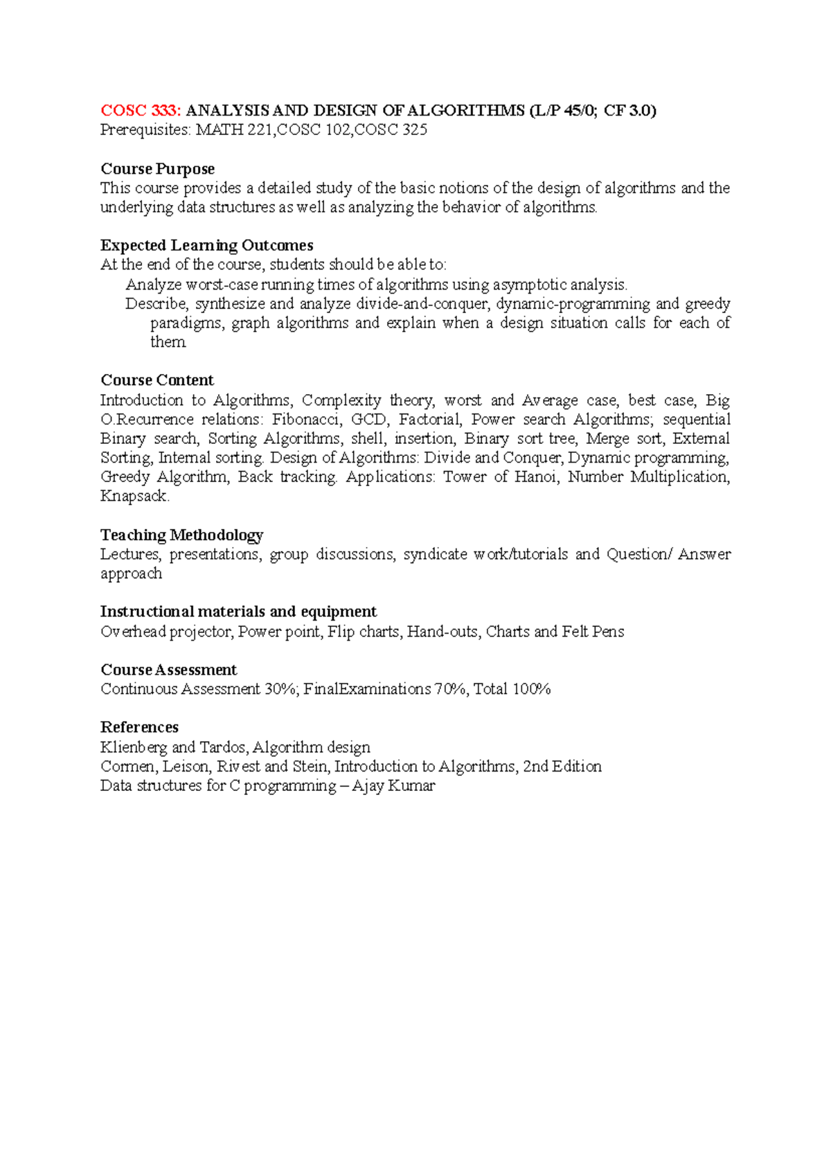 COSC 333 Course Outline: Analysis & Design of Algorithms - Studocu